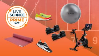 A Prime Day logo with a selection of fitness gear and exercise equipment on an orange background