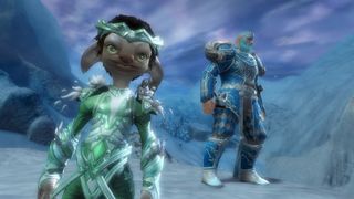 Cute characters stare into the camera, their armour glowing against the icy sky