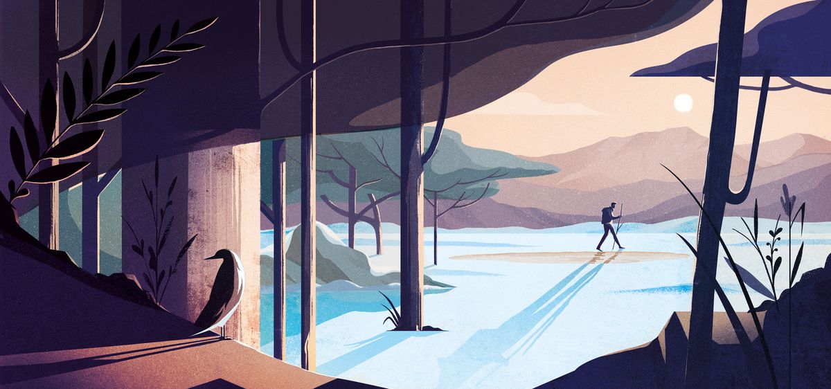 Warm digital illustration of a hiker in a beautiful mountain landscape