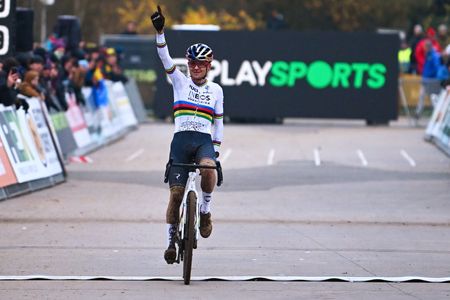 BOOM BELGIUM DECEMBER 03 Tom Pidcock of The United Kingdom and Team INEOS Grenadiers celebrates at finish line as race winner during the 7th Superprestige Cyclocross Boom 2022 Mens Elite Superprestige2023 on December 03 2022 in Boom Belgium Photo by Luc ClaessenGetty Images