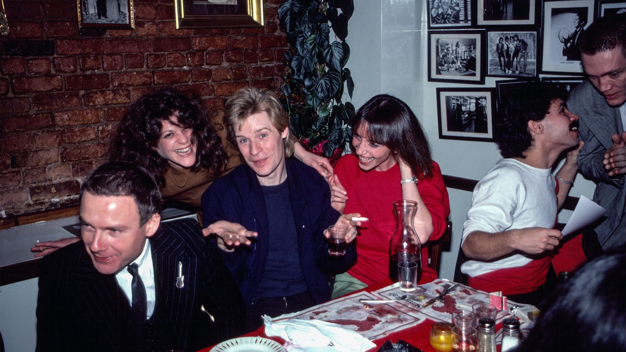 Hall and Oats afterparty at Supreme Macaroni, NYC, 12/12'79. (from left) Robert Fripp, Gilda Radner, Daryl Hall, Sara Allen, John Oates, &amp;amp; G.E. Smith. Hall &amp;amp; Oates played earlier at the Bottom Line.
