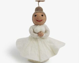 A 100% wool felt Christmas angel tree topper with embroidered detail and metallic halo