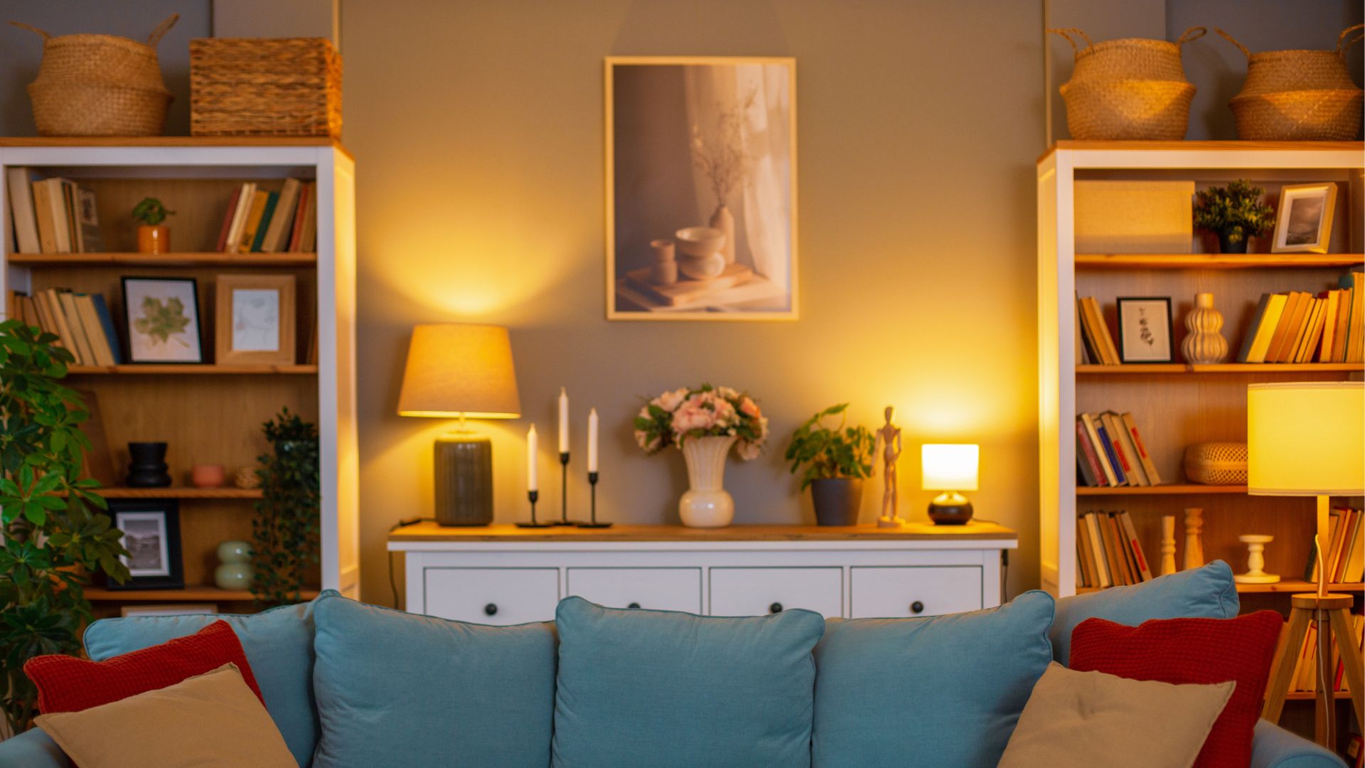 picture of living room with cosy lighting and bookcases