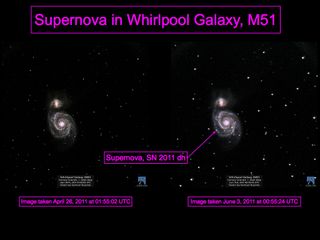 Supernova in Whirlpool Galaxy, M51 by Slooh Space Camera