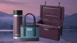 Yeti vs Igloo Yeti cooler, flask, and bag superimposed over photo of a mountain