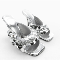 Silver sequin heeled sandals with mirror detail, £79.99 | Mango