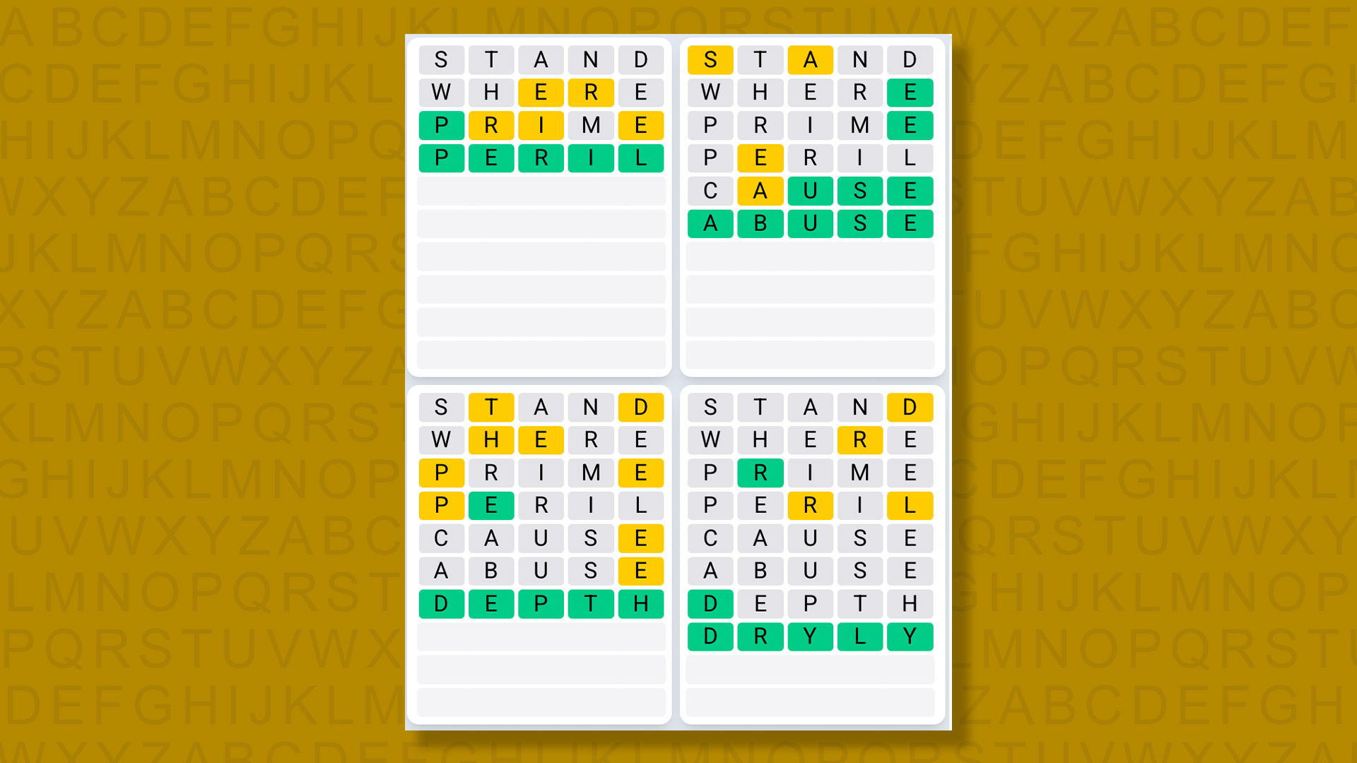 Quordle Daily Sequence answers for game 1523 on a yellow background