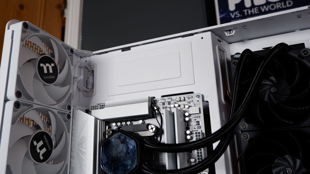 Thermaltake View 390 Air chassis on a desk. We're building a PC into it for testing and comparison with other PC cases.