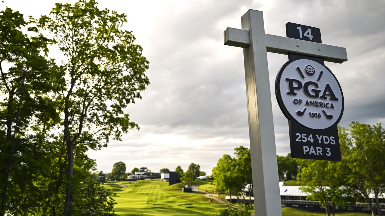 Sign on tee of par-3 14th hole during the 2024 PGA Championship at Valhalla Golf Club GettyImages-2152946796