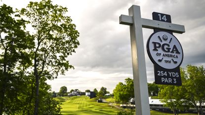 Sign on tee of par-3 14th hole during the 2024 PGA Championship at Valhalla Golf Club GettyImages-2152946796