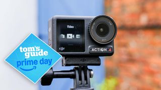 The DJI Osmo Action 4 on a tripod mount, with a TG deal badge on the left of the image.
