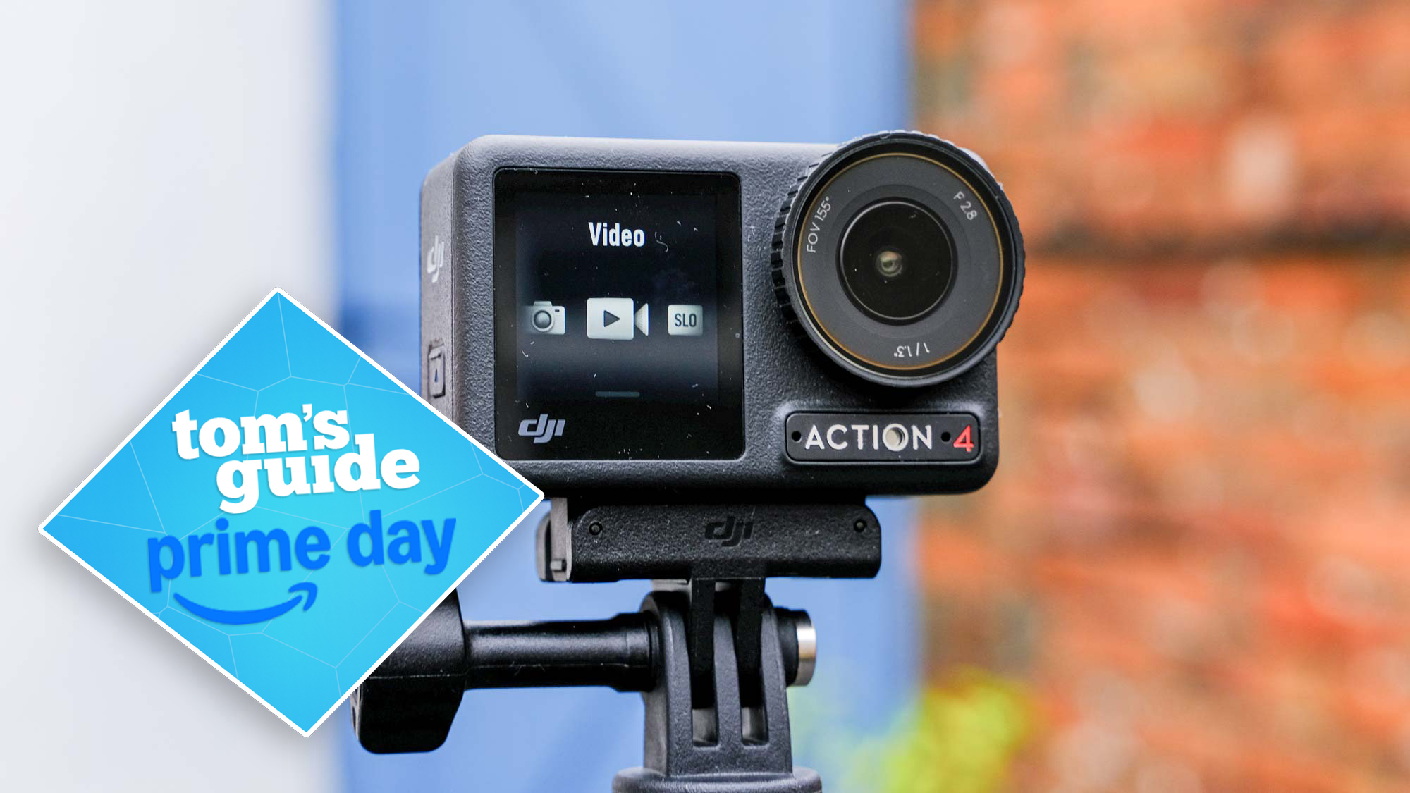 The DJI Osmo Action 4 on a tripod mount, with a TG deal badge on the left of the image.