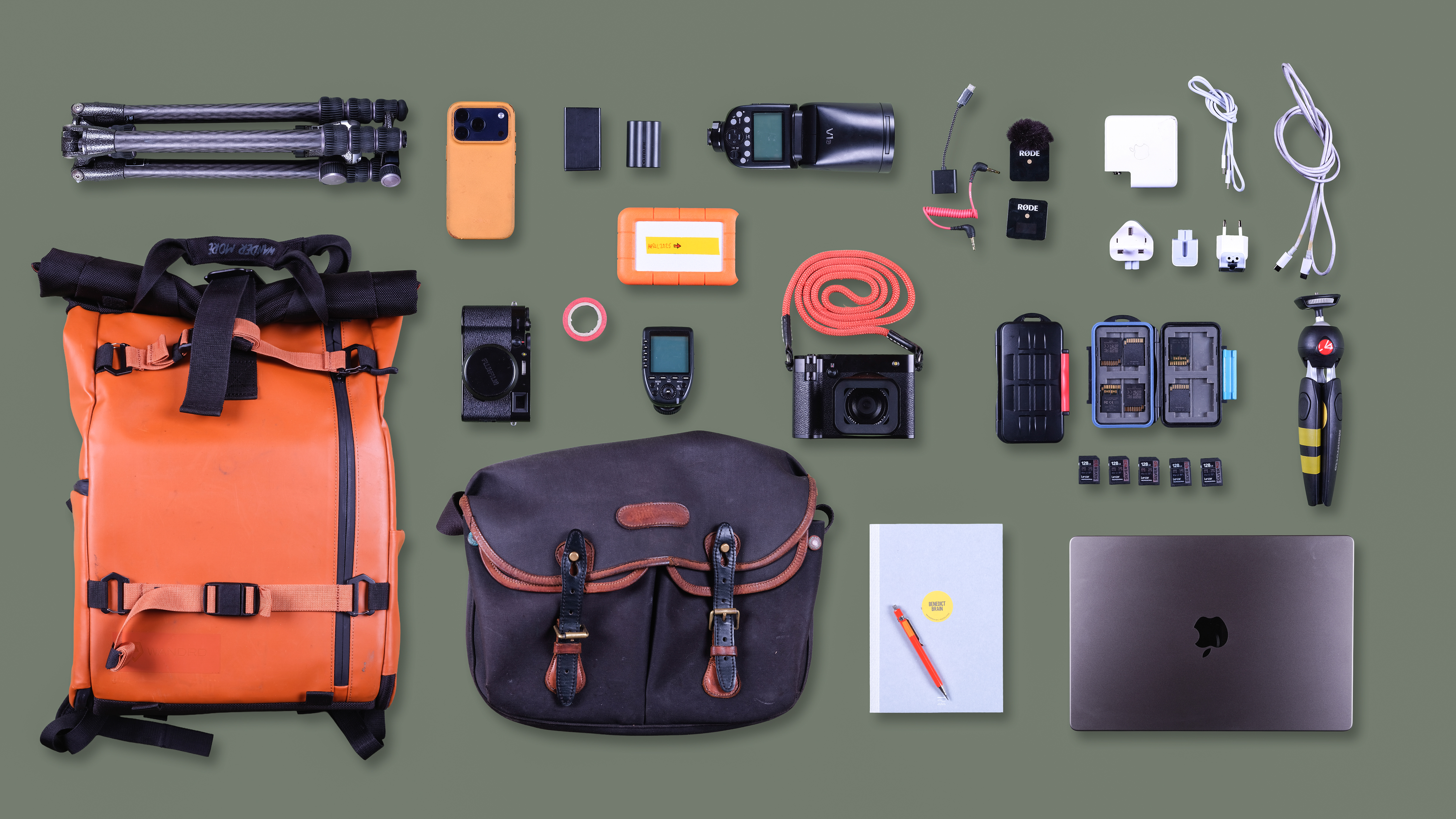Benedict Brain's photography kit for travel photographed as layflat