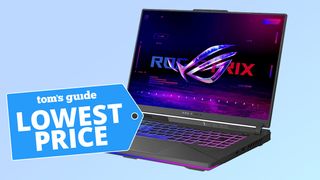 Asus Strix G16 gaming laptop against a blue background