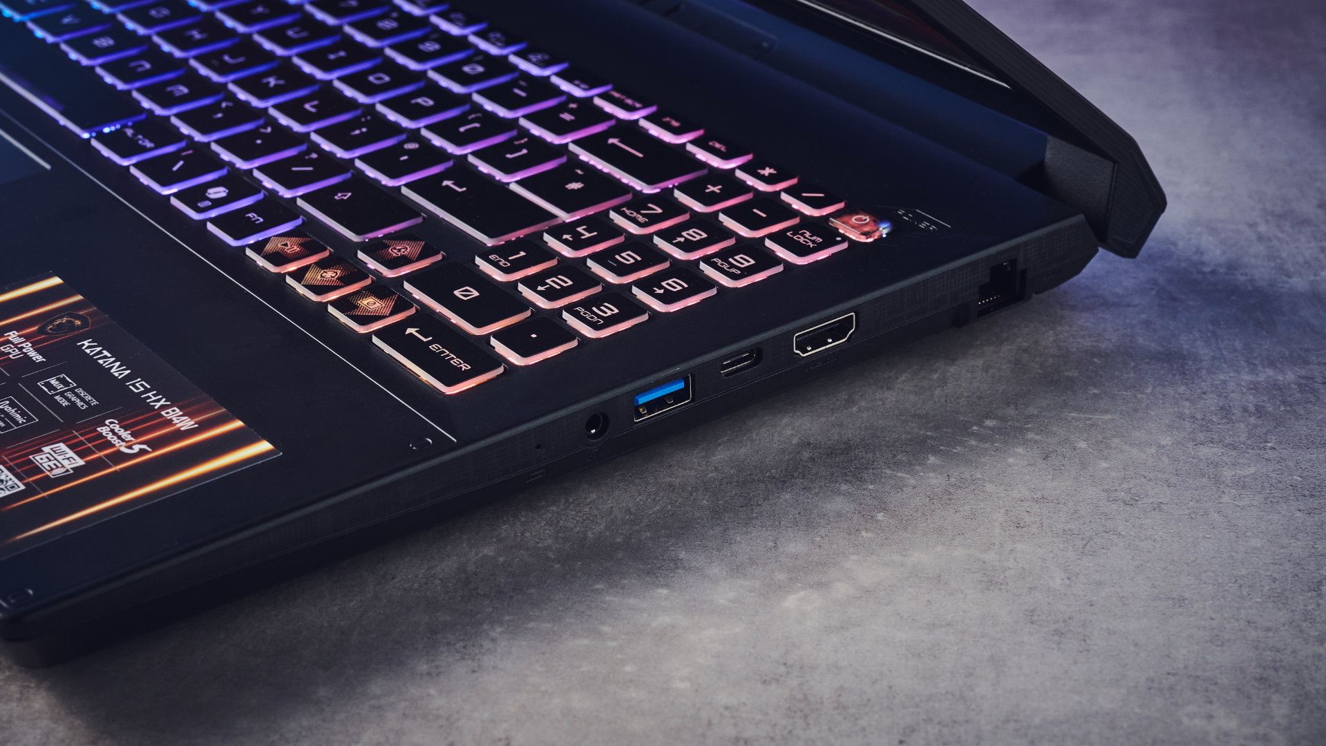 A black MSI Katana 15 HX B14W gaming laptop