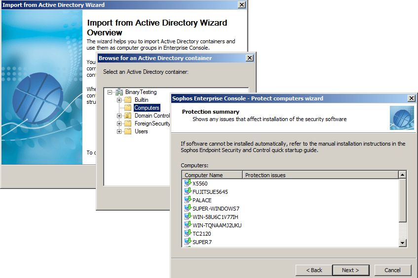 A wizard helps to add computers to the console and we had no problems importing our Active Directory Computers container.