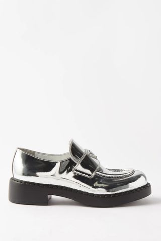 Prada Logo-Plaque Metallic-Leather Loafers