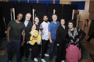 Adrian Lester, Jim Broadbent, Suranne Jones, Himesh Patel, Shaun Dooley, Olivia Colman and Helena Bonham Carter in the recording studio
