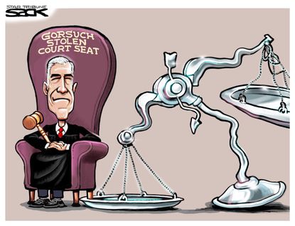 Political Cartoon U.S. Anthony Kennedy retirement Gorsuch stolen Supreme Court Seat Merrick Garland