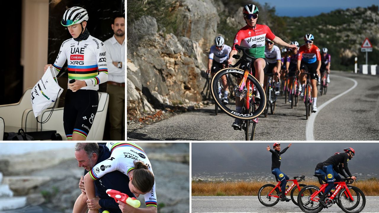 Collection of pro team training camp shots from 2024 and 2025 showing pros having fun and training hard. Top, L: Tadej Pogačar at a 2024 camp, R: SD-Worx on Spanish roads in 2025, Bottom L: Team Manager, Danny Stam and Lotte Kopecky, R: Toms Skujins and Lidl-Trek in Calpe in 2024