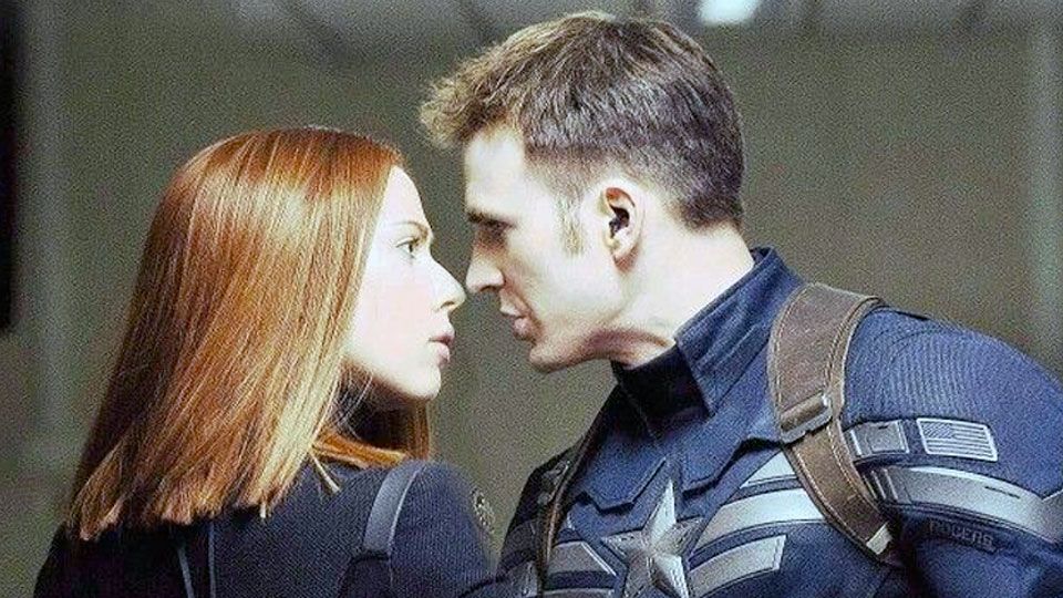 Captain America and Black Widow look intently at each other