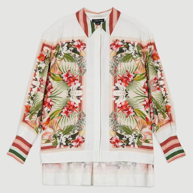 Karen Millen, Mirrored Viscose Linen Floral Print Woven Shirt