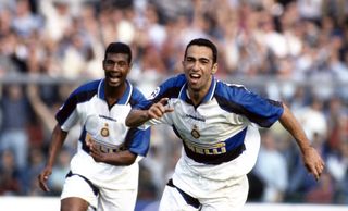 Youri Djorkaeff celebrates a goal for Inter against Atalanta in 1996.