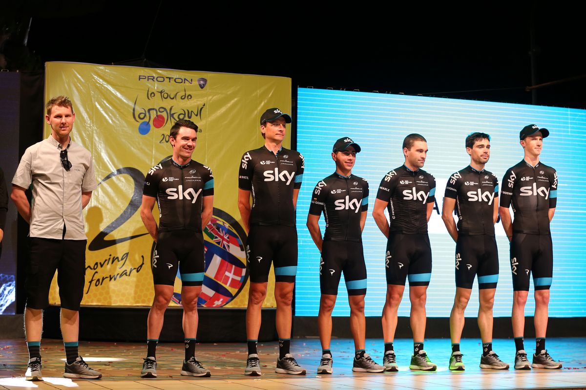 Nathan Earle and Team Sky presented to the crowd at the Tour de Langkawi