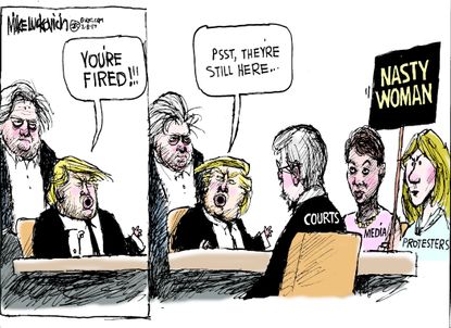 Political Cartoon U.S. Donald Trump Steve Bannon Nasty Woman protestors