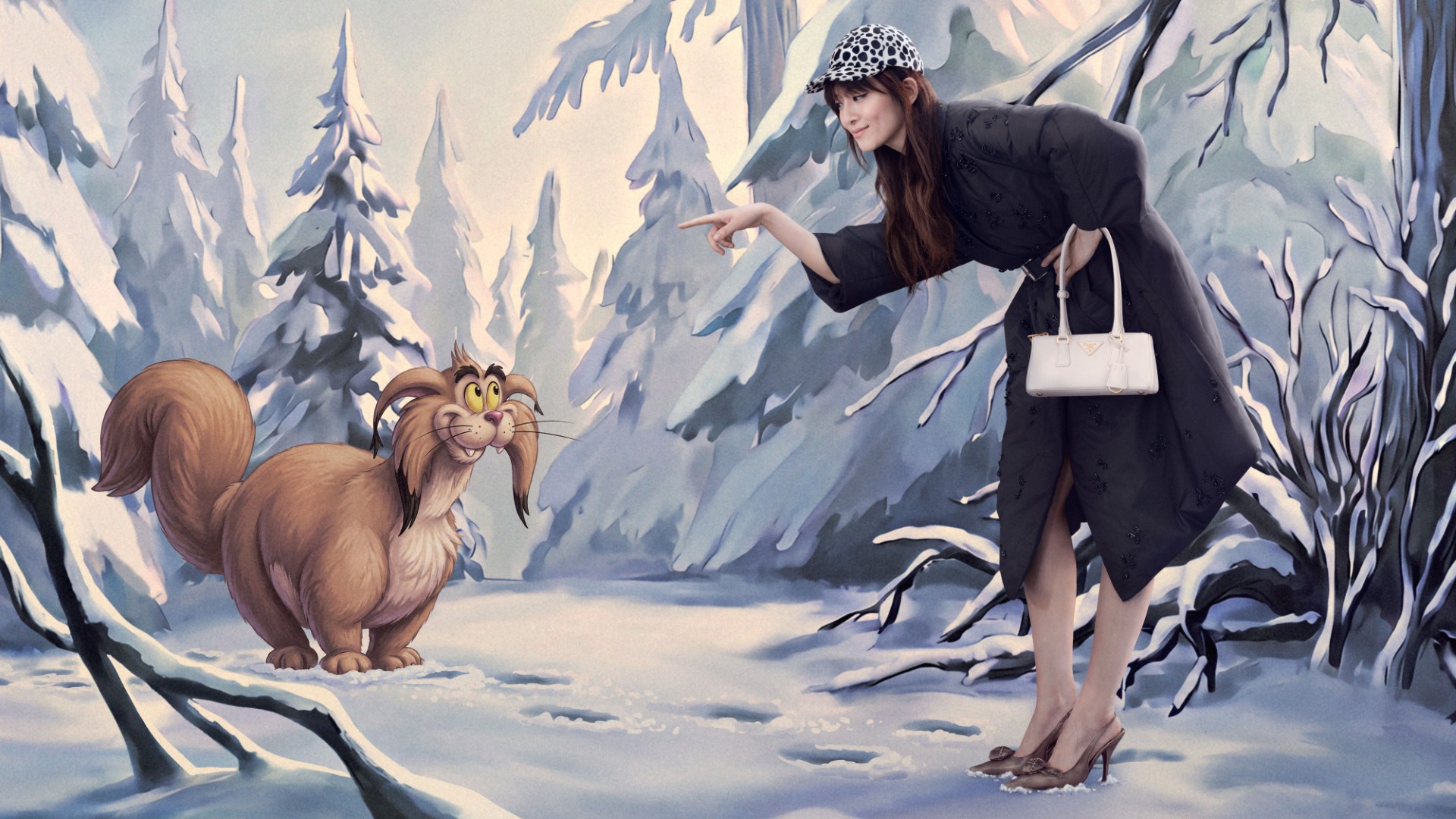 Chen Haoyu, in a black coat and spotted cap with a white Prada handbag, leans forward and points at a grinning cartoon lynx in a snowy hand-drawn forest.