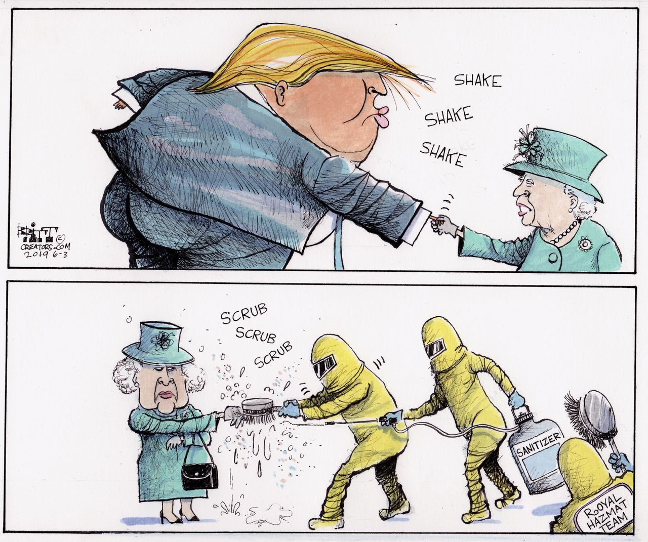 Political Cartoon U.S. Trump Queen Elizabeth Hazmat Suit Handshake