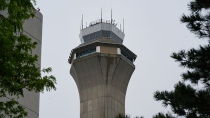 A view of the air traffic control tower at Newark Liberty International Airport in Newark, New Jersey.