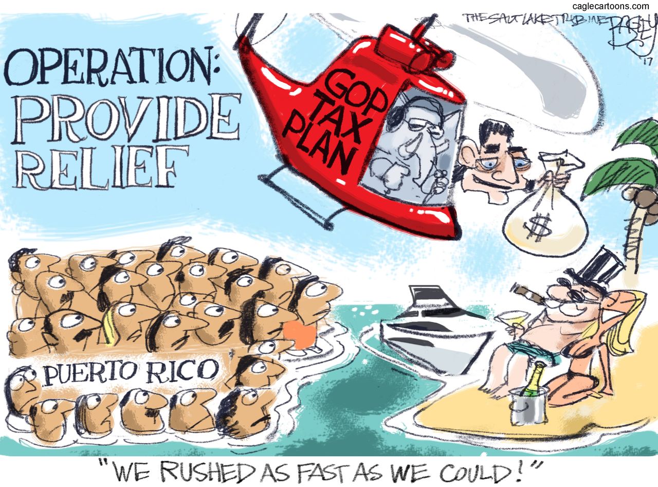 Political cartoon U.S. GOP tax cuts Puerto Rico