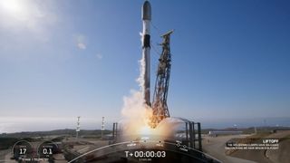 A SpaceX Falcon 9 rocket launches 26 Starlink satellites from California’s Vandenberg Space Force Base on May 9, 2025.