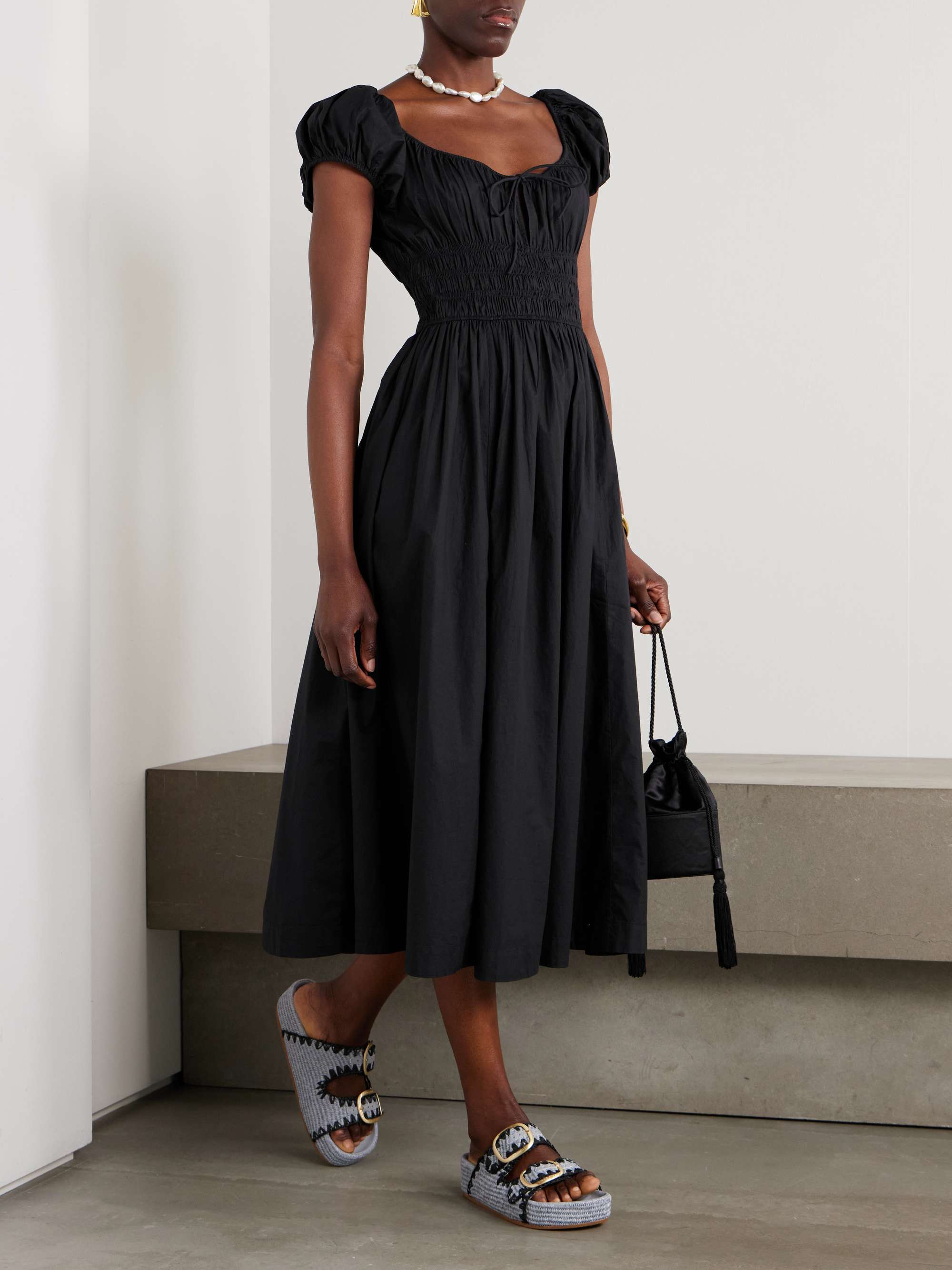 Quinn Tie-Detailed Shirred Organic Cotton-Poplin Midi Dress