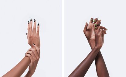 gucci beauty green nail polish and gucci beauty black nail polish being worn by model 