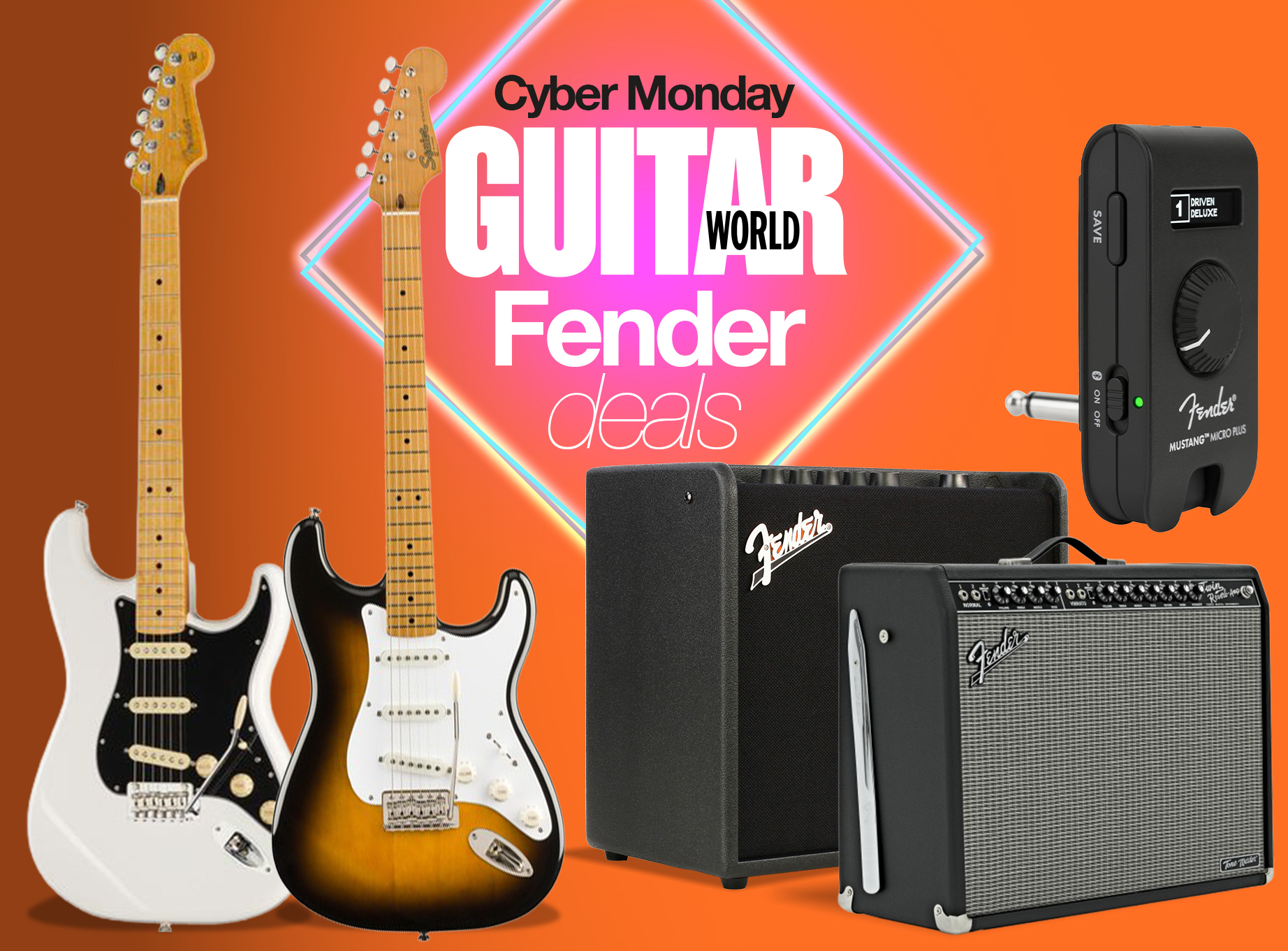A selection of Fender guitars and gear on an orange background