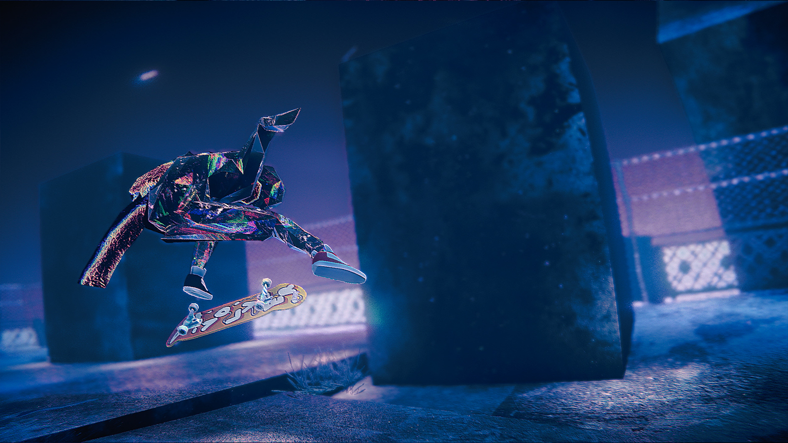 A stylised shiny demon skateboards across hell in an indie game for Nintendo Switch 2