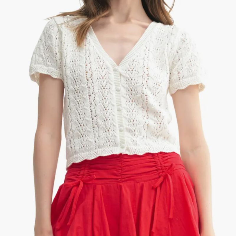 short sleeved, white crochet cardigan