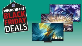 Samsung TVs on a green background with "What Hi-Fi? Black Friday deals" text.