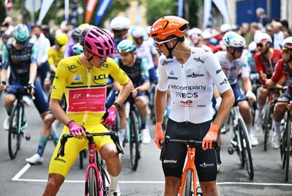 LE PUY-EN-VELAY, FRANCE - JUNE 10: (L-R) Alex Baudin of France and Team EF Education - EasyPost - Yellow leader jersey and Kevin Vauquelin of France and Netcompany INEOS Cycling Team - White Best Young Rider Jersey prior to the 78th Tour Auvergne-Rhone-Alpes 2026, Stage 4 a 167.4km stage from Le Puy-en-Velay to Montrond-les-Bains / #UCIWT / on June 10, 2026 in Montrond-les-Bains, France. (Photo by Dario Belingheri/Getty Images)