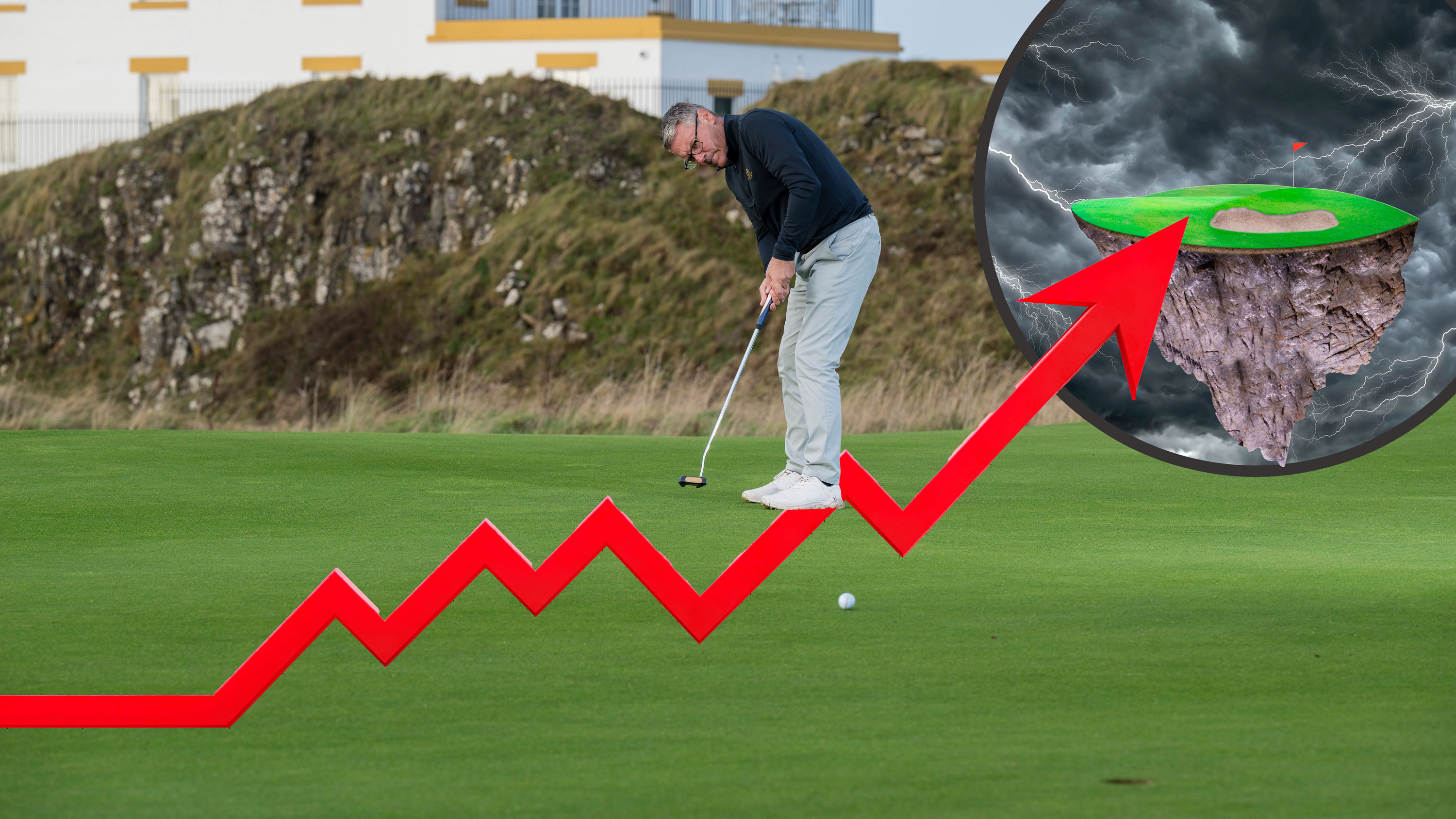 Steve North watching the ball roll across the green on the 9th at Turnberry, after hitting a putt, with an inset image of an increasing line graph moving upwards towards a stormy, lightning filled backdrop with a golf green and flag perched on top of a precipice