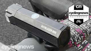 A close up of the Blackburn Dayblazer 800 front light with a 'cyclingnews recommends' badge overlaid