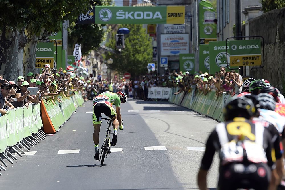 Peter Sagan (Tinkoff-Saxo) looks back after taking second on the stage in Gap