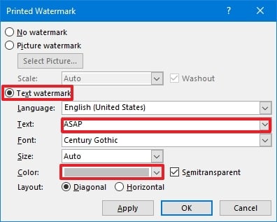 Microsoft Word text watermark option