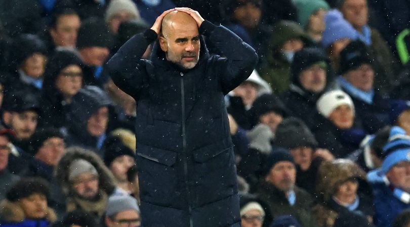 Pep Guardiola reacts during Manchester City&#039;s draw against Tottenham in December 2023.