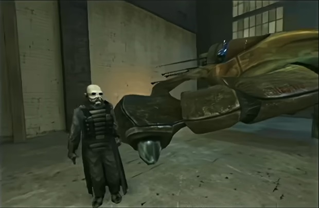 Early Combine soldier standing next to organic helicopter in early Half-Life 2 build