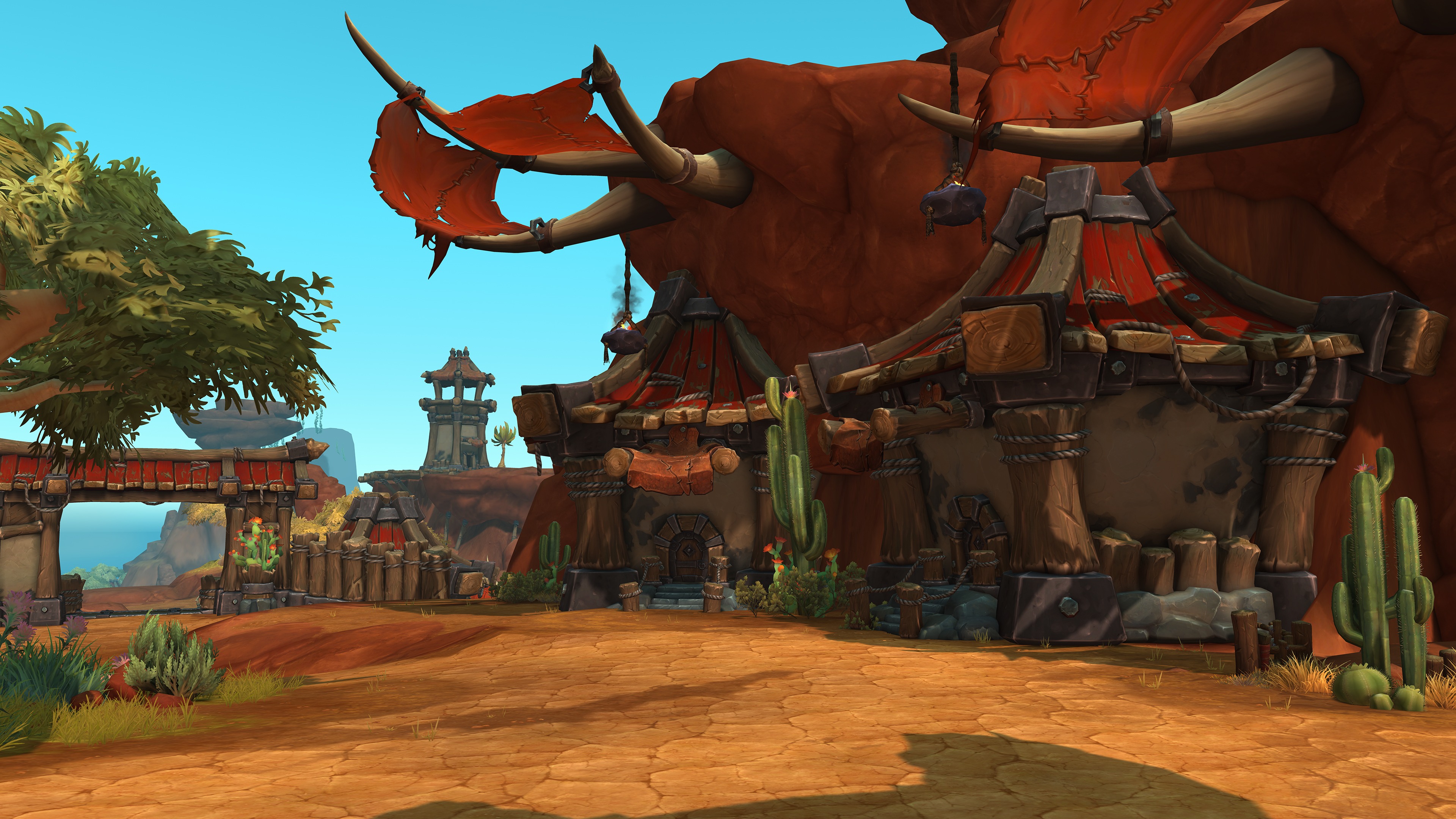 Promotional screenshot of Orc-themed houses in World of Warcraft: Midnight