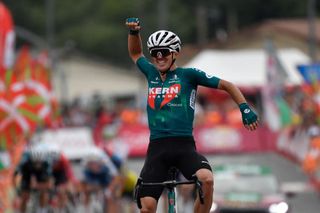 Team Kern Pharma's Urko Berrade celebrates after crossing the finish line of the stage 18 of the Vuelta a Espana, a 179,5 km race between Vitoria-Gasteiz and Maeztu, on September 5, 2024. (Photo by Ander Gillenea / AFP)