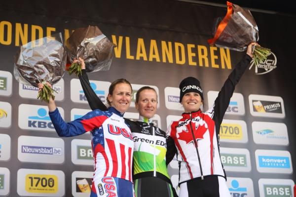 Kristin Armstrong (United States), Judith Arndt (GreenEdge-AIS) and Joelle Numainville (Canada) on the podium